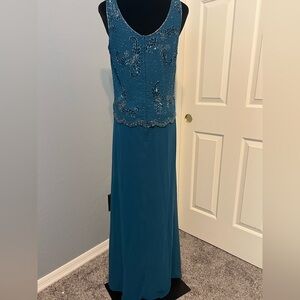 J Kara Teal Sleeveless Scoop Neck Gown with Jacket